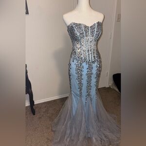 Jovani Strapless Light Blue Mermaid Gown with Silver Embellishment